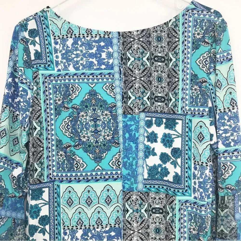 Ronni Nicole Blue Patchwork Floral Tapestry Print Bell Sleeve Sheath Dress